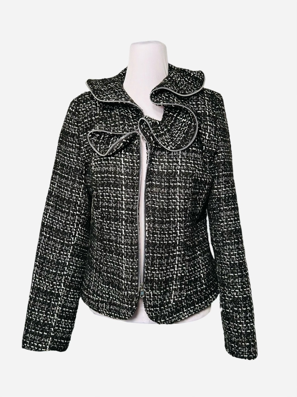 Trenz Theresa Renz Jacket Blazer Size M Black White Tweed Ruffle Zipper Trim